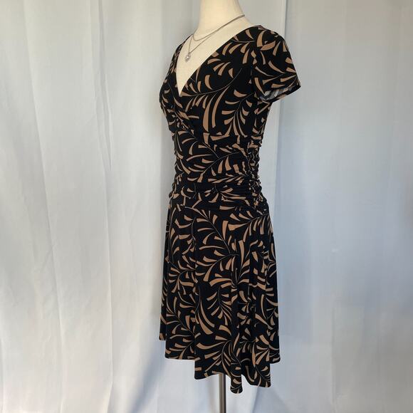Midi Dress Size 12 Black Tan Faux Wrap V neck Stretch A Line Short Sleeve Y2K - Picture 7 of 14